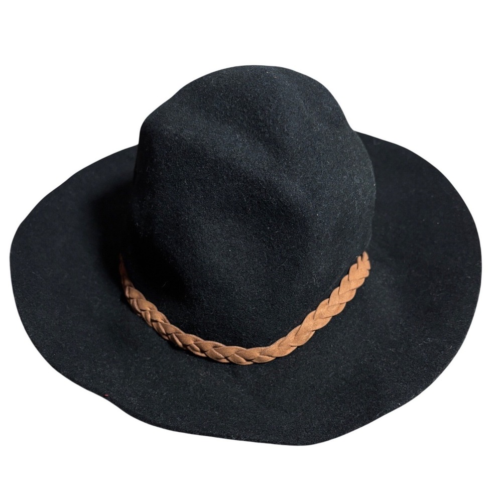 Black 100% Wool Wide‎ Brim Floppy Hat with Brown Braided Band Boho Chic Fedora
